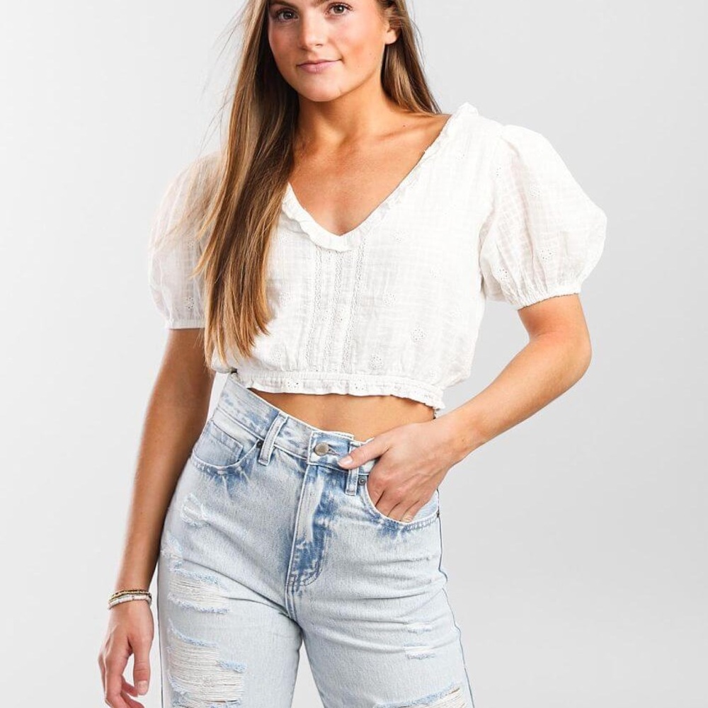 Billabong x Wrangler white Embroidered eyelet v-neck top with ruffle Trim☀️
